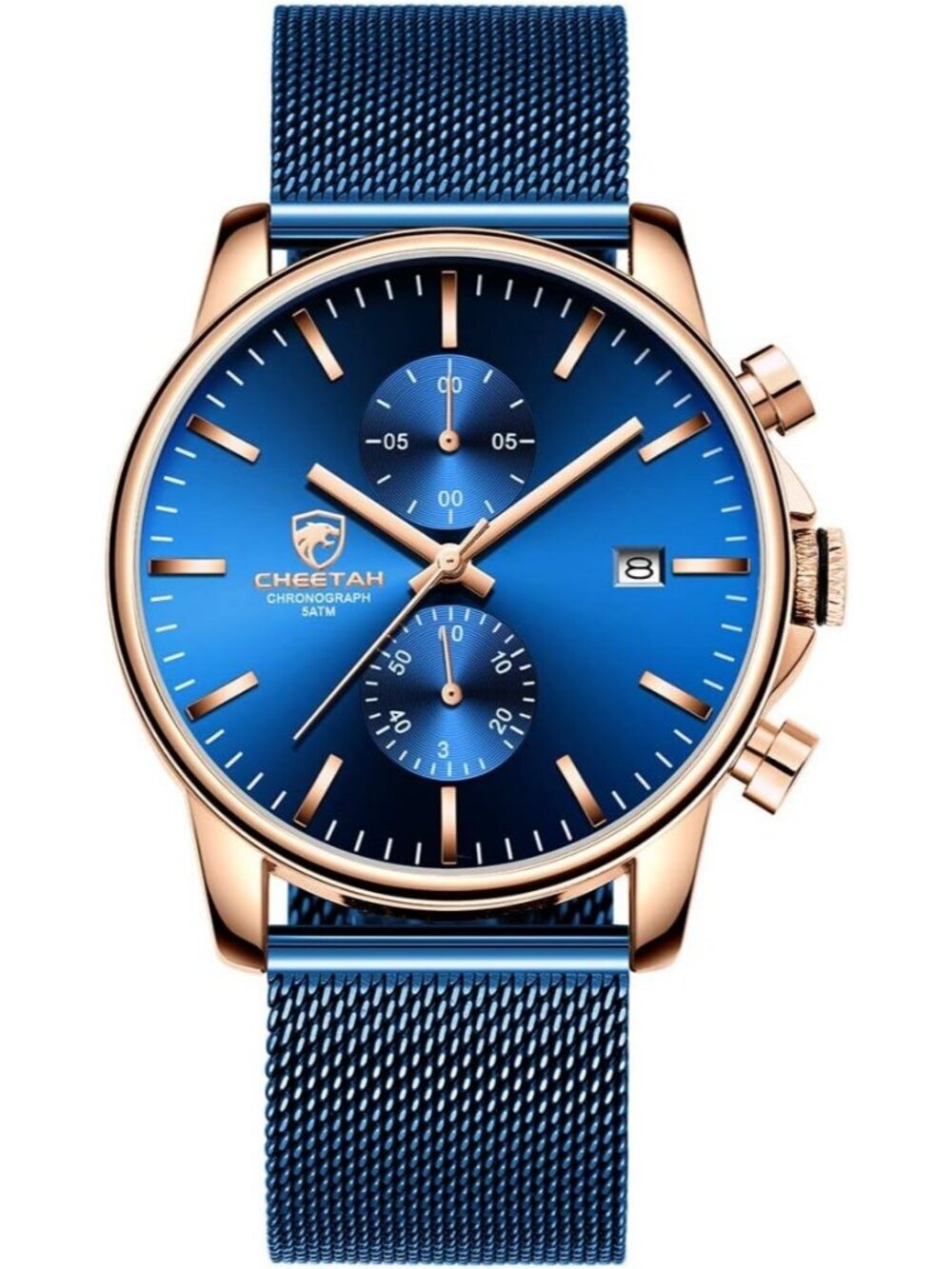 Men's Blue Rose Gold Quartz Analog Mesh Strap Stainless Steel Chronograph Watch